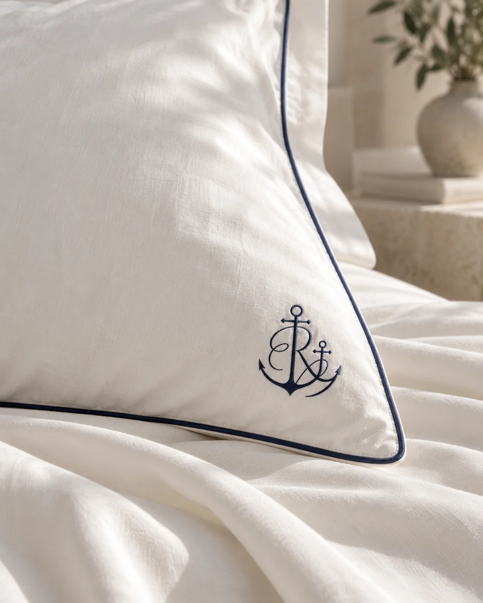 Détail de linge de lit ivoire, monogramme Richardson Filles brodé