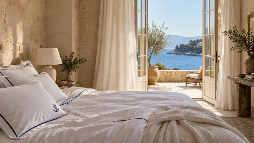 Parure de lit blanche en satin de coton, finitions bleu marine