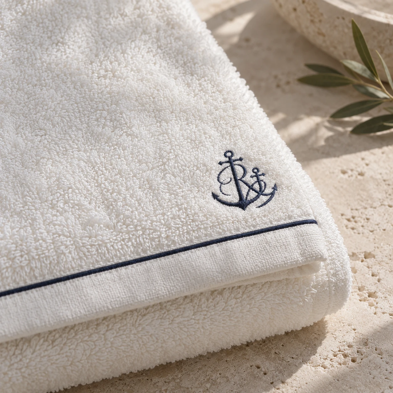 Serviette ivoire, broderie Richardson Filles bleu encre