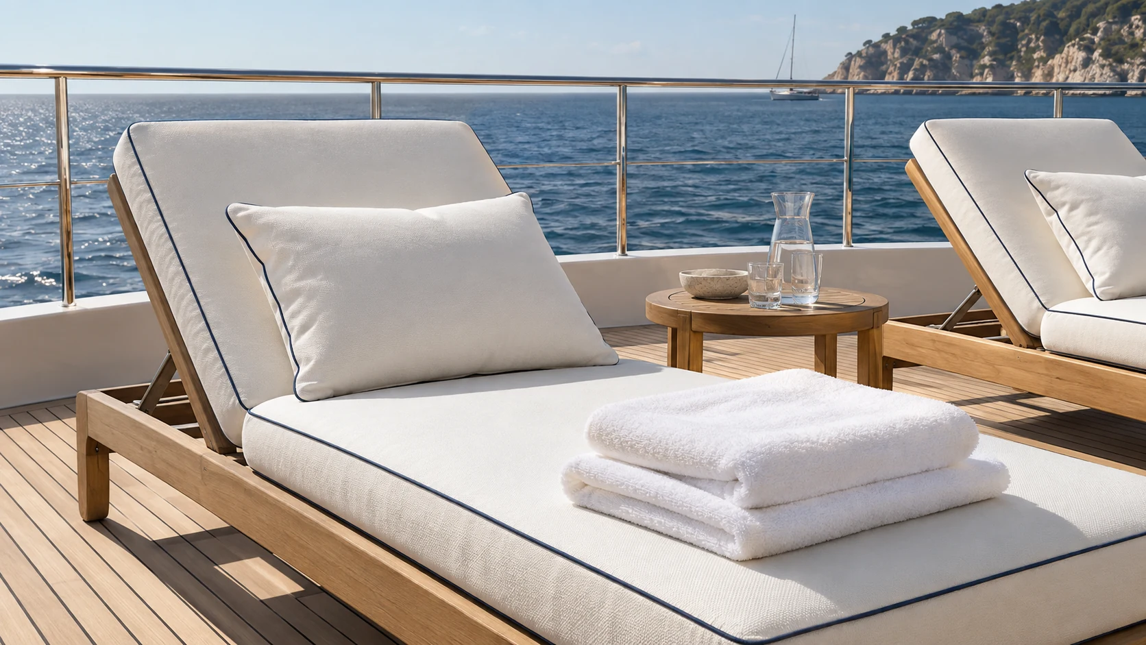 Coussins et serviettes ivoire sur le pont d’un yacht